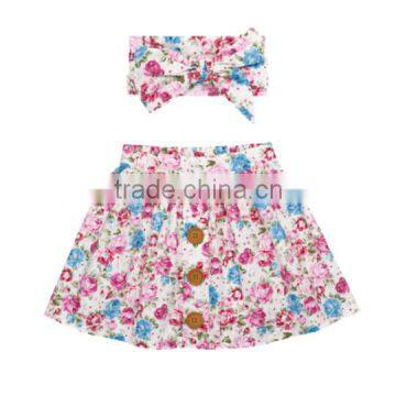 Summer Blue Flower Printed Dress Buttons Design Kids Clothes With Headband photo-5