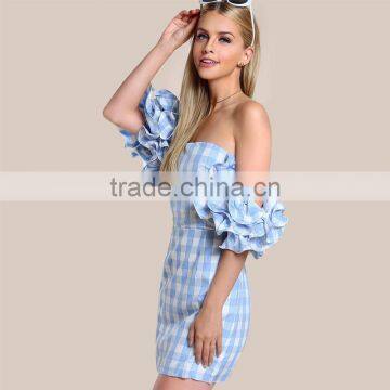 Cute Frill Puff Sleeve off the Shoulder Blue Gingham Mini Dress photo-2
