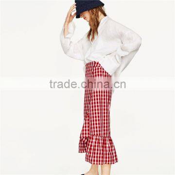 2017 NewestFront Button Fastening Red Plaid Skirt With Frill Detail photo-3