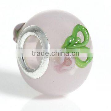 Lampwork Glass European Style Large Hole Charm Beads Round Silver Plated Core Light Pink Flower Pattern Enamel