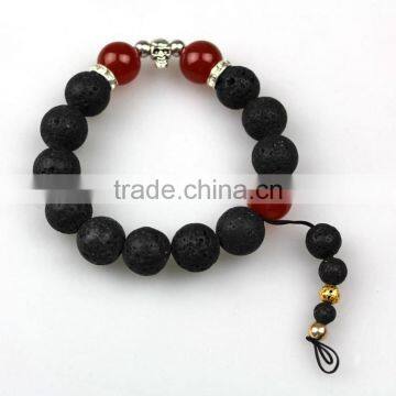 Black Natural Lava Stone Bracelet Skull Charm Round Bead Bracelet