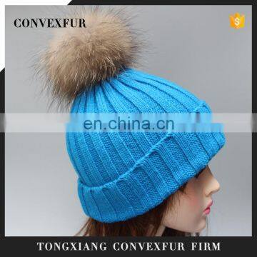 Fashion raccoon fur pom pom hat,knitted beanie pompon hat for sale