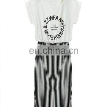 Classic black white stripes round neck knitting preppy style maxi dress