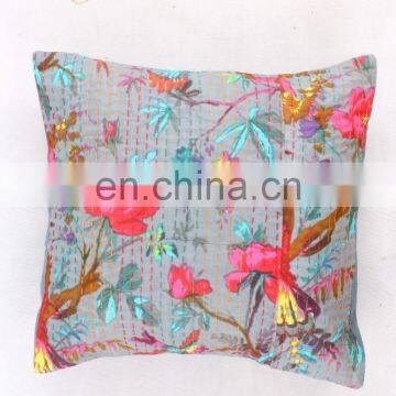 Brown Floral Kantha Cushion Cover Indian Cotton Handmade Pillow Cover Ethnic Art Decorative