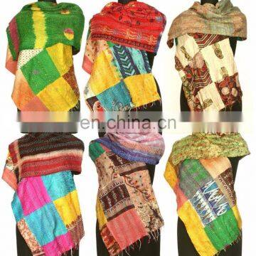 Vintage Patchwork Kantha Silk Sari Scarf Shawl Dupatta Neck Wrap Indian Handmade Stitch Kantha Scarf Silk Sari Stole Women Shawl photo-3