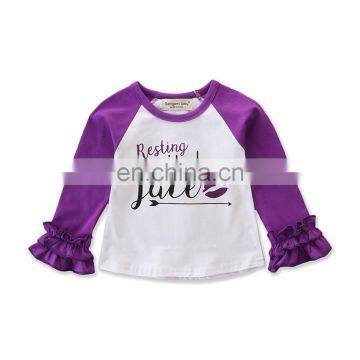 Girls purple ruffle Sleeve tops Boutique Kids Icing Raglan shirt letter print