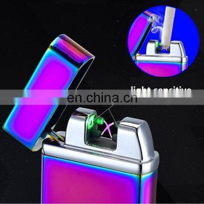 China electric double arc light sensitive golden rechargeable cigarette usb lighter