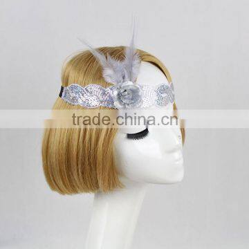 Halloween/Christmas Custom White Flapper Sequin Elastic Feather & Flower Headband