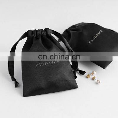 PandaSew Wholesale Luxury Black Drawstring Satin Jewelry Pouch Dust Bag with Custom Logo Printed