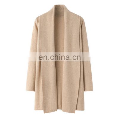 Luxury 2024 Autumn Solid Pattern Pure 100% Cashmere Women's Long Cardigan Knitted Sweater with Front Logo Casual Winter Wear