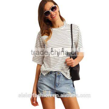 Summer 2016 Women White and Black Crew Neck Half Sleeve Striped t shirt cotton round t shirt TS079