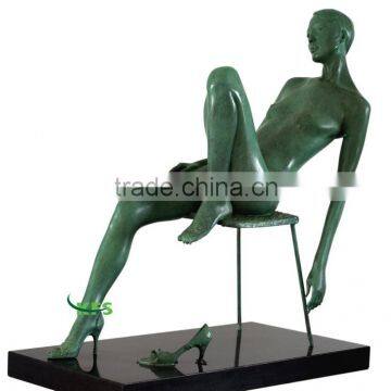 Green color brass nude lady on the chair statue