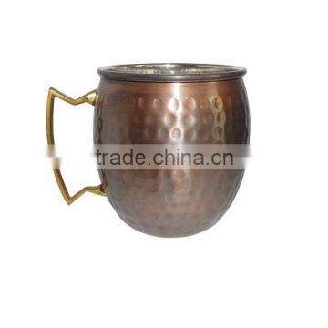 COPPER BARREL MUG 16 Oz. HAMMER ANTIQUE INSIDE NICKEL PLATING WITH BRASS REGULAR HANDLE