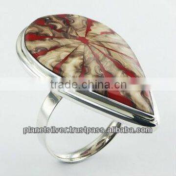 Dramatic Spider Shell Ring Red Based Pattern 925 Silver