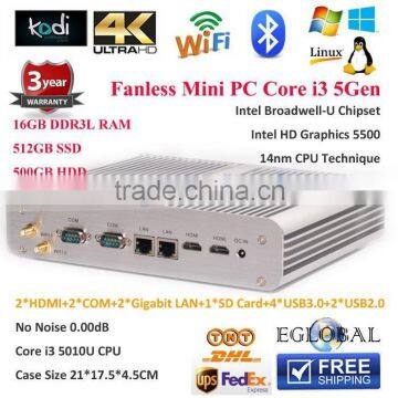 Micro PC Server Fanless Network Computer 16GB RAM 512GB SSD 500GB HDD 2Lan/HDMI/COM Core i3 5010U12V/6A Compact PC One SD Card