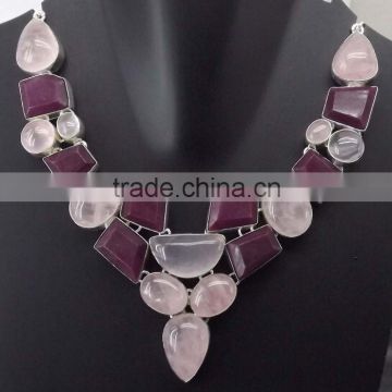 Rose Quartz, Ruby Necklace plated 925 Sterling Silver 88 Gms 18-20 Inches