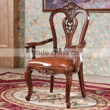 Genuine leather armrest chairs antique wooden carving dining chair