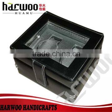 2 slots leather watch display box,pu leather display packaging box,watch show case with transparent window