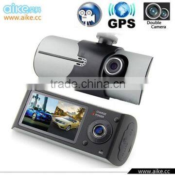 2016 New arrivals Dual Camera lens gps car dvr X3000 R300 HD 720P 140 Degree Lens Radio Recorder Car Camera 2.7" LCD Screen