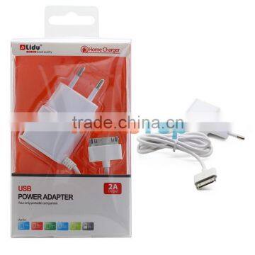 Factory Wholesale Lidu EURO Standard Home Charger ,Euro USB Power Adapter WIth 30Pin USB Cable For iPhone 4/4S iPad iPod