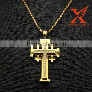 Fashion Jewelry Stainless Steel Iced Out CNC CZ Gold Cross Pendant For Hip Hop Men