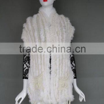 Western Fashion Knitting Style Vest Beautiful Tassel Vest Knitted Rabbit Fur Vest With Pocket