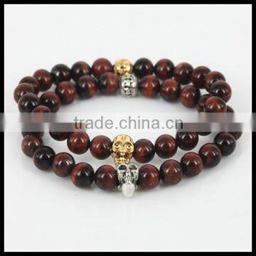 kjl-cst 122 High quality red tiger eye round stone beads men bracelet charm silver and gold skull head women bracelet