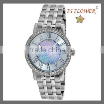 FS FLOWER -- Vogue Mother of Pearl Dial Watch Stainless Steel Ladies Stone Watch Jewelry