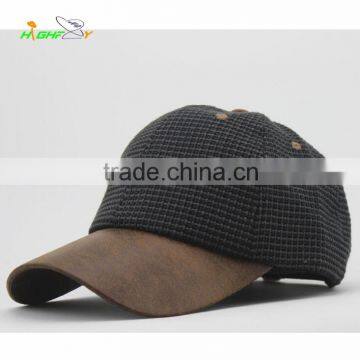 high quality flax fabric six panel baseball cap with brown leather brim blank golf hats