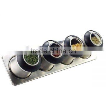 SINOGLASS 4Pcs Ergo Q SS Spice Jar With ABS Lid and Magnet Concept on the SS Base