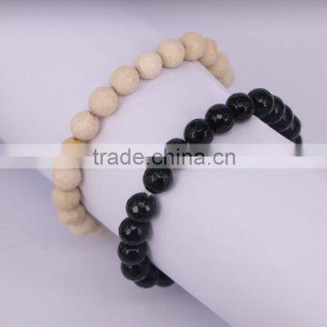 Charm Faceted Stone Round Shape Bracelets, Jet / Wood Gem stone Bracelet