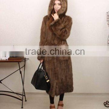 2015 long knitted mink fur coat with hood for ladys MC20