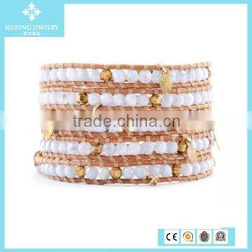 High Quality White Glass Bead Bracelet Leather with Leaf Pendant