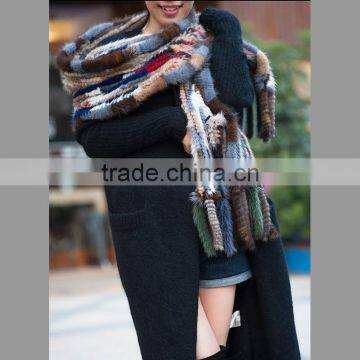 2015 designer multicolor matching long mink fur knitted scarf