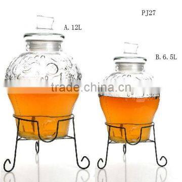 Large dispenser embossed glass jar with metal stand
