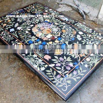 Pietra Dura Marble Dining Table Top, Black Marble Inlay Table Top