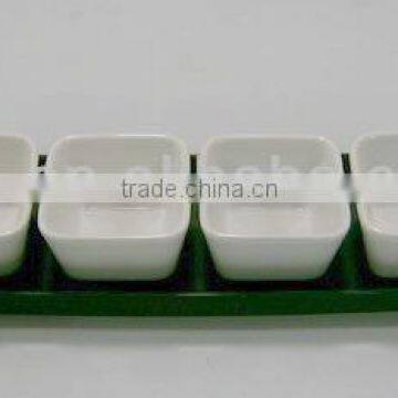 Set of 4 square ceramic snack tray set with wooden tray