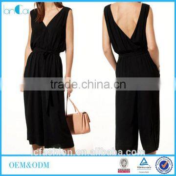 sex jumpsuit hot selling polyester v neck black women long jumpsuit