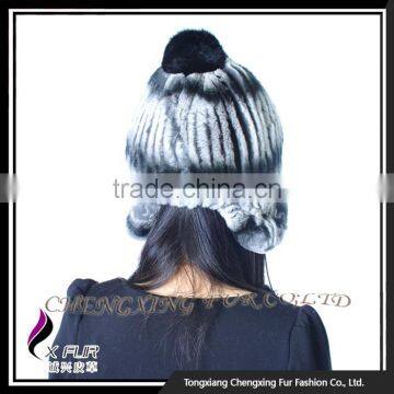 CX-C-116H Hand Knitted Beanie With Fur Ball Stock Rex Rabbit Fur Ladies Hats photo-2