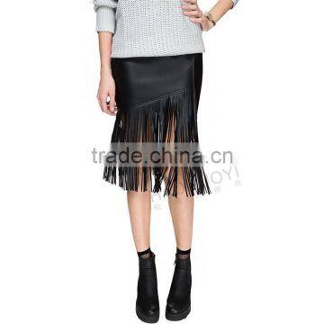 MGOO New Arrival OEM Services Women Black Faux Leather Midi Slinky Skirts With Tassels Bottom 15145A033 photo-5