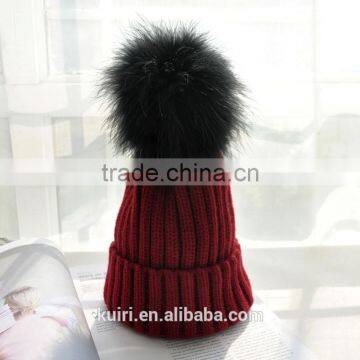 2016 Winter Beanie Real Silver Fox Fur Ball Knitting Hat For Women Black Real Raccoon Fur Ball Skullies photo-3