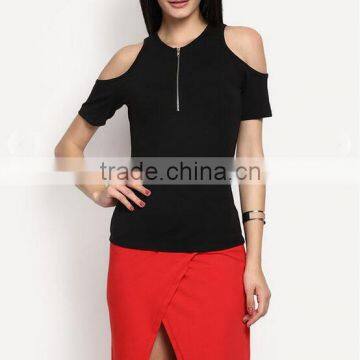 Blank Cold Shoulder T-shirt Women Clothes Fittes Zipper up t Shirt photo-2