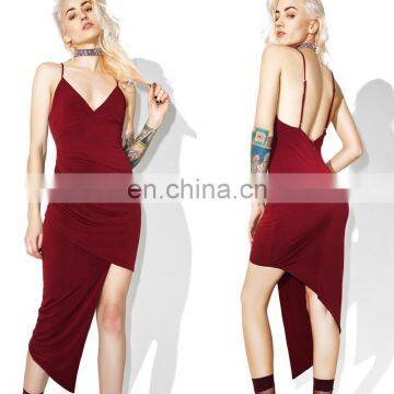 Gathered Details Woman Sexy Slip Dress with Asymmetrical Hemline