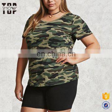 Guangzhou plus size womens clothes contrast crew neckline camo t shirt