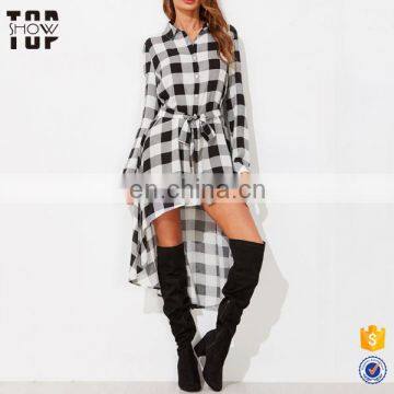 New design tie waist check blouse longline high low blouse women lady