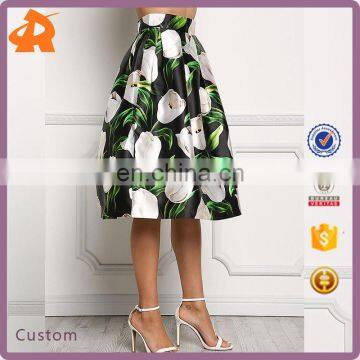 Woman's Fashion Black Taffeta Floral A-Line Midi Skirt