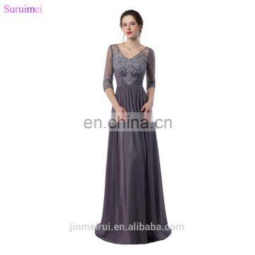 Gray Bridesmaid Dresses Fashion Lace Applique With Half Sleeves Floor Length Chiffon V Back Long Brides Maid Dresses