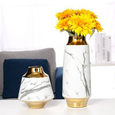 White Marbling Ripple Electroplate Gold Modern Ceramic Flower Vase Decoration Art For Showroom photo-4