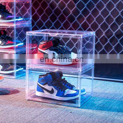 Transparent hard PP custom underbed giant jordan front open stack shoe box household cheap clear drop front plastic shoe box