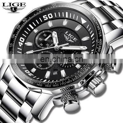 Lige 9871 Full Steel Reloj Men Watch Quartz Movement Chronograph Luxury Brand Stainless Steel Watches Mens